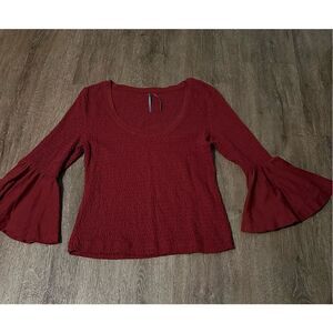 Anthropologie Womens Smocked Bell Sleeve Top Shirt Blouse Wine Red Burgundy Sz M